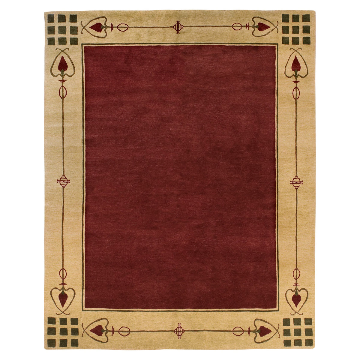 Highland Park Stickley red wool rug with beige Arts and Crafts style border.