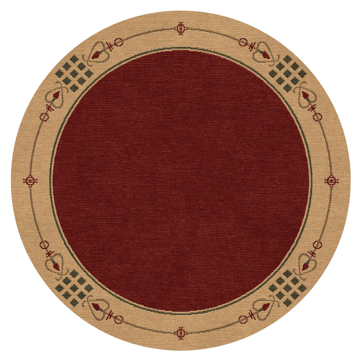 Round red Highland Park Stickley wool rug with a beige Arts and Crafts style border.