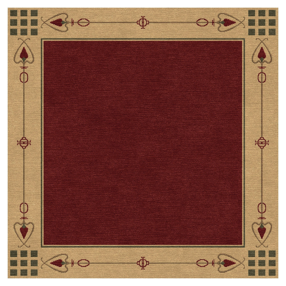 Highland Park Stickley red wool rug with Arts and Crafts style border.
