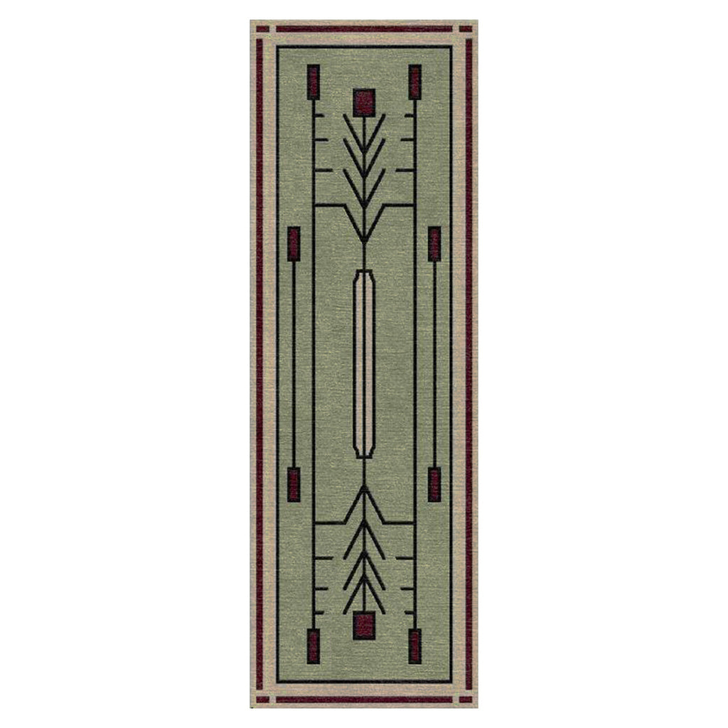 Prairie Green Stickley wool runner rug with a geometric, stained glass-inspired design.