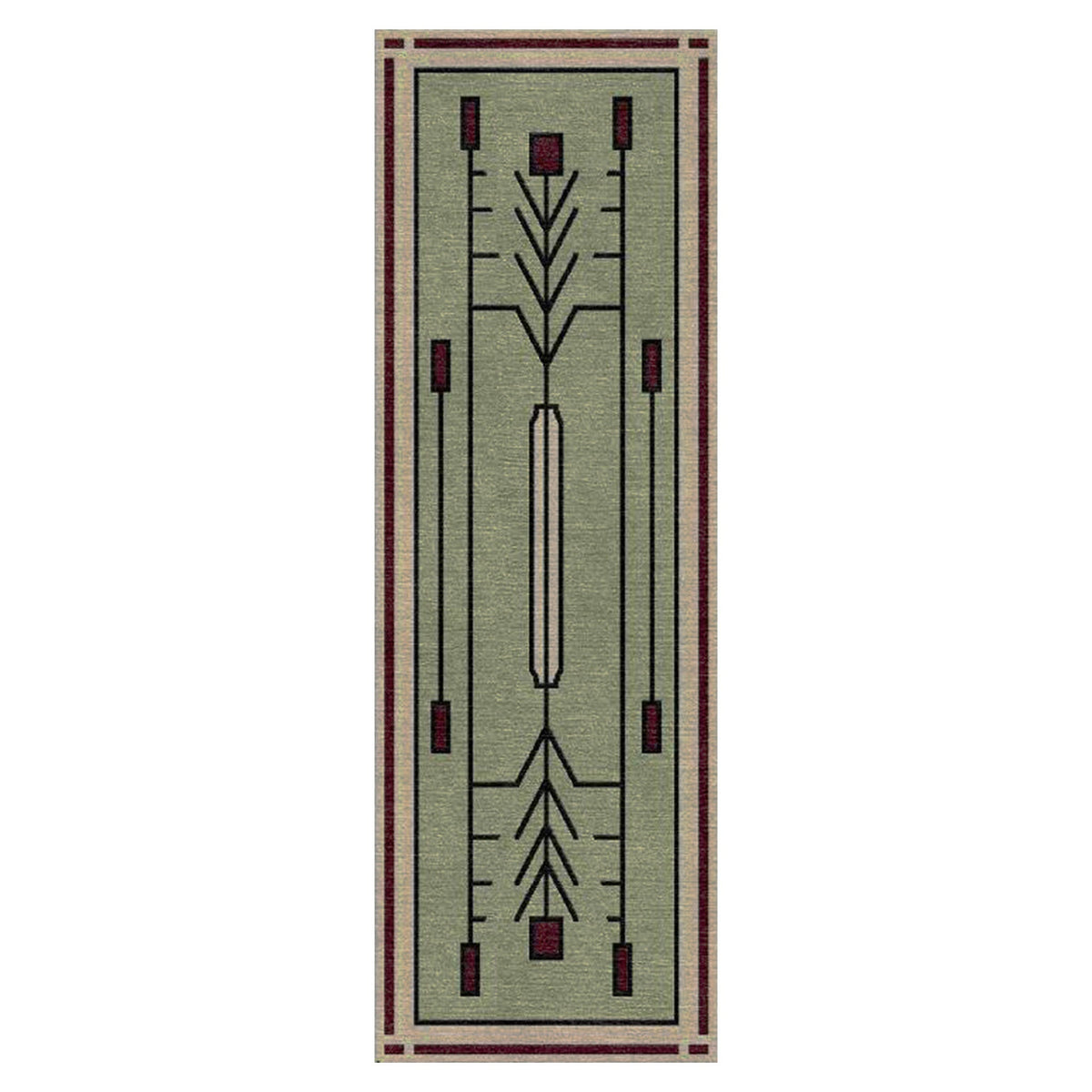 Prairie Green Stickley wool runner rug with a geometric, stained glass-inspired design.