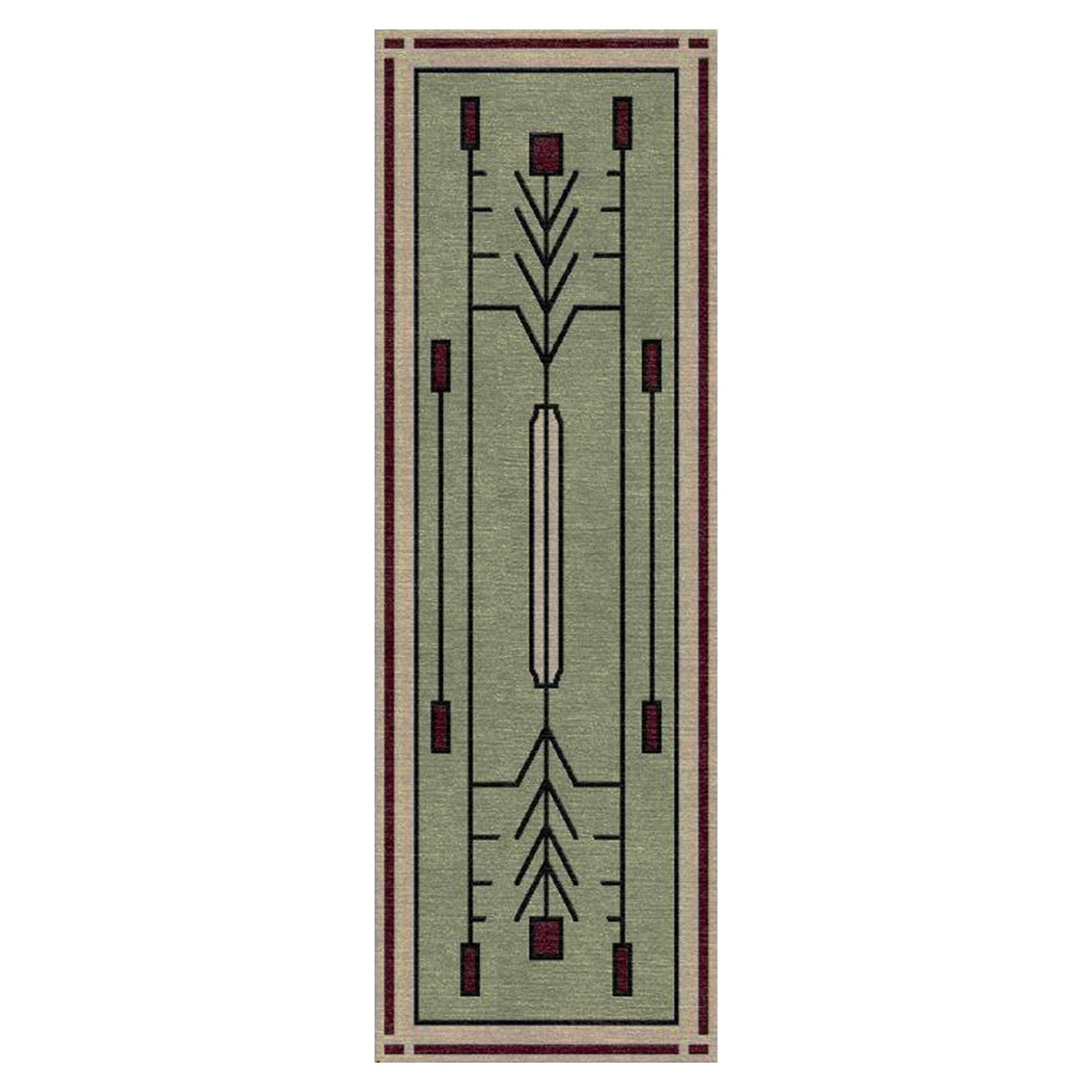 Prairie Green Stickley wool runner rug with a geometric, stained glass-inspired design.