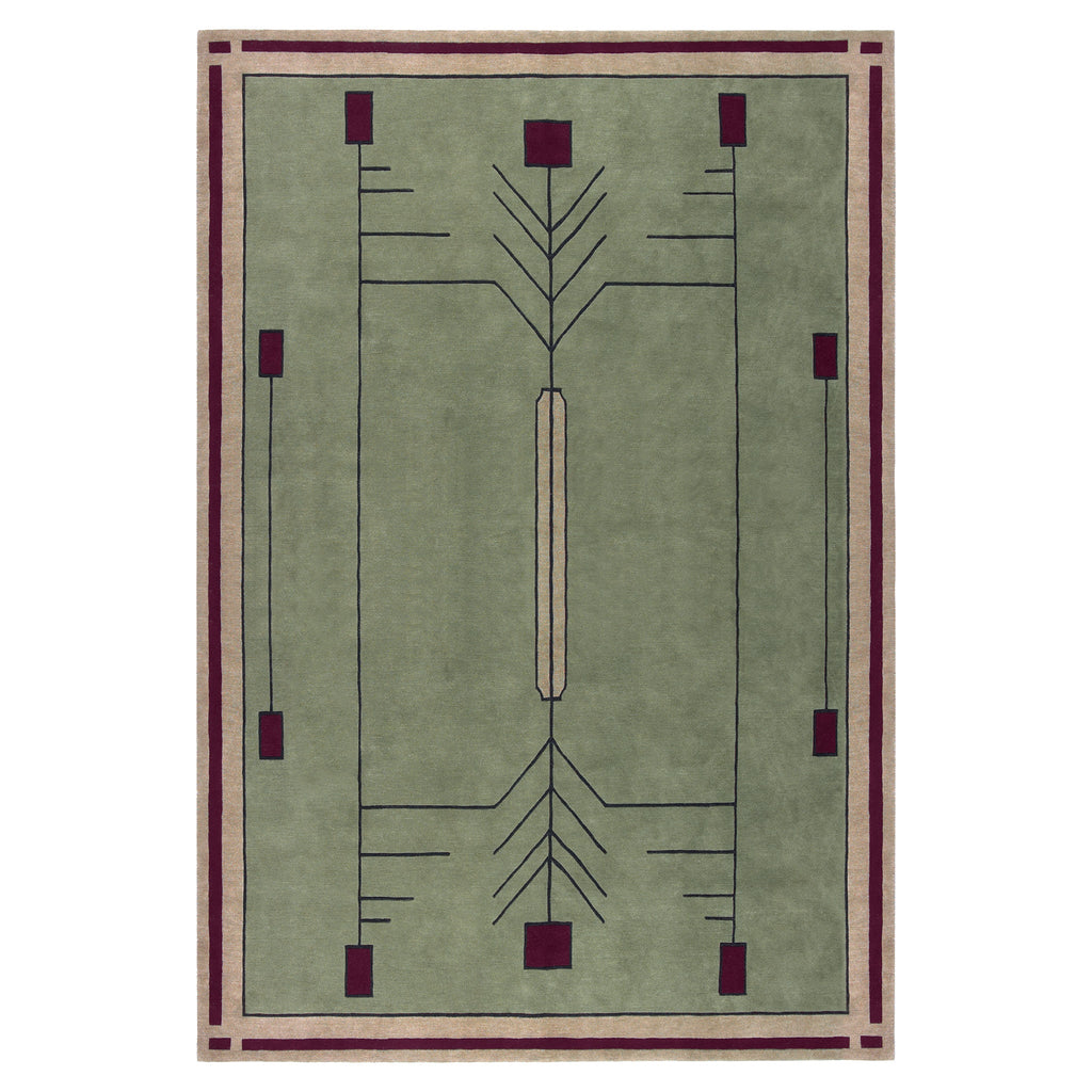 Prairie Green Stickley wool rug with a geometric, stained glass-inspired design in burgundy and beige.