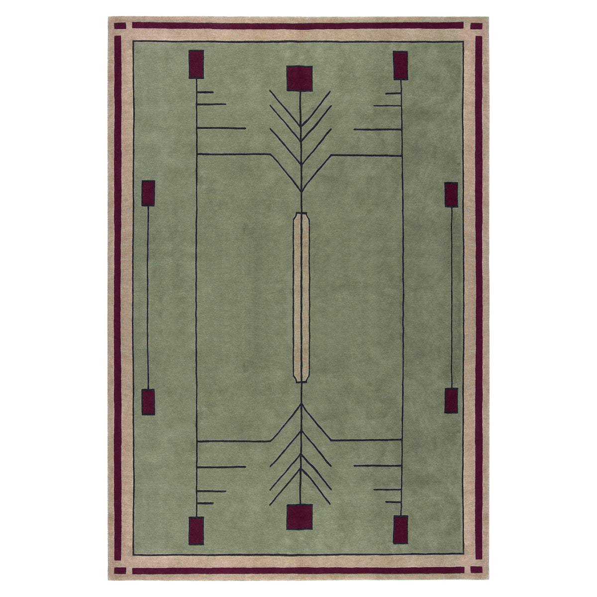 Prairie Green Stickley wool rug with a geometric, stained glass-inspired design in burgundy and beige.