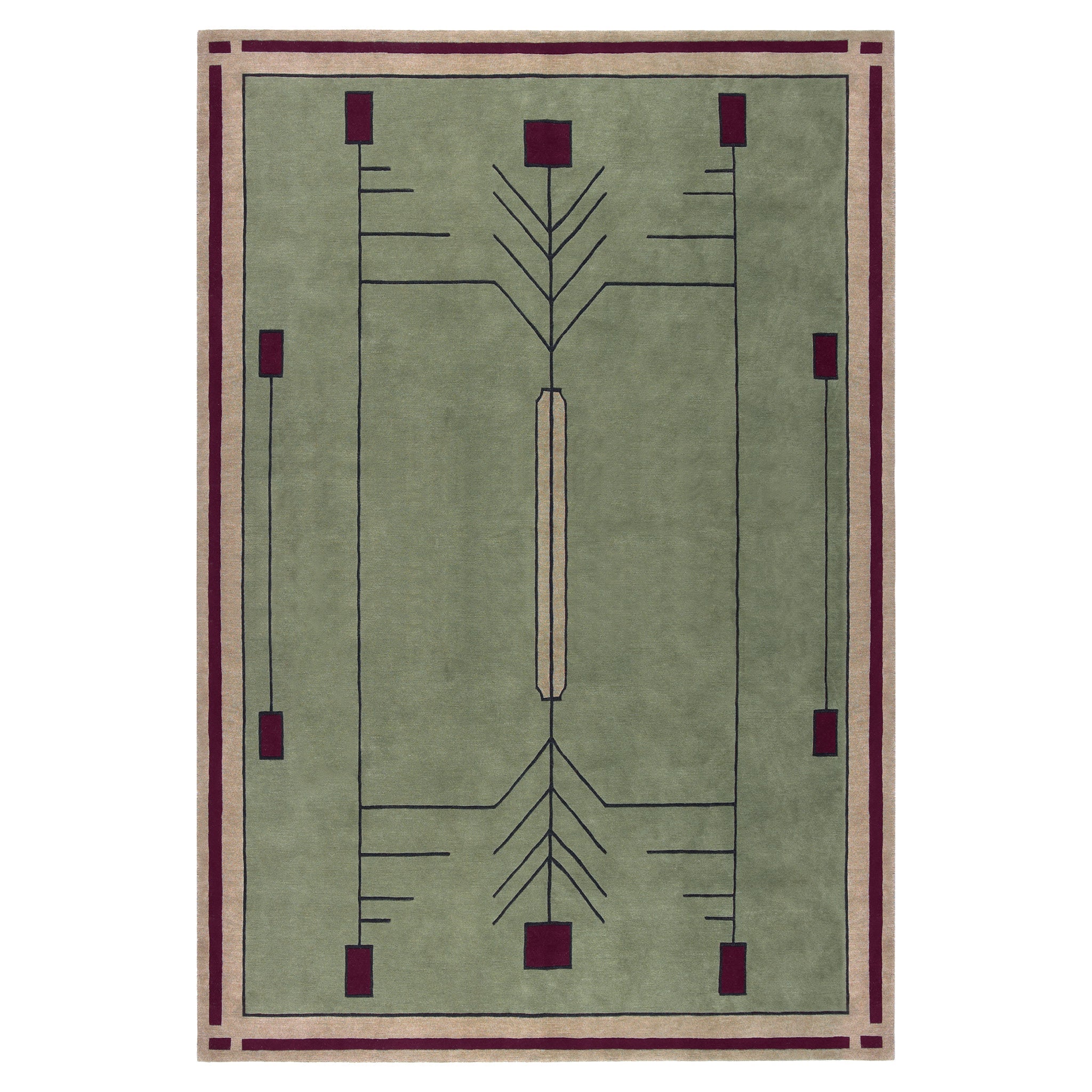 Prairie Green Stickley wool rug with a geometric, stained glass-inspired design in burgundy and beige.