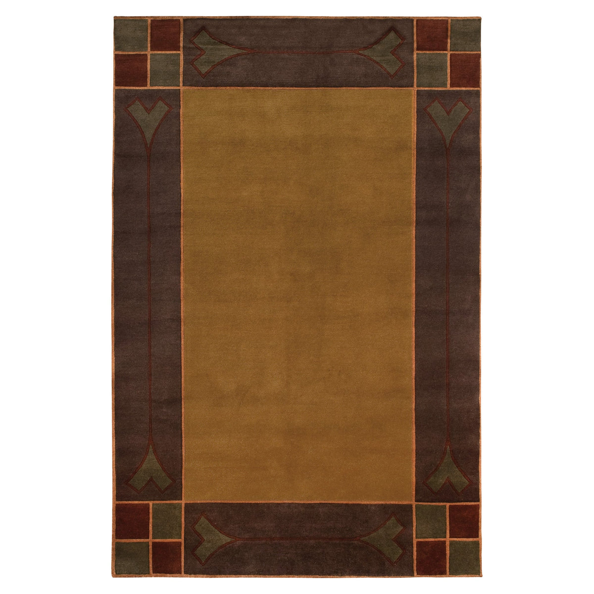 Paradise Valley Stickley wool rug in gold, brown, and green Arts and Crafts style design.
