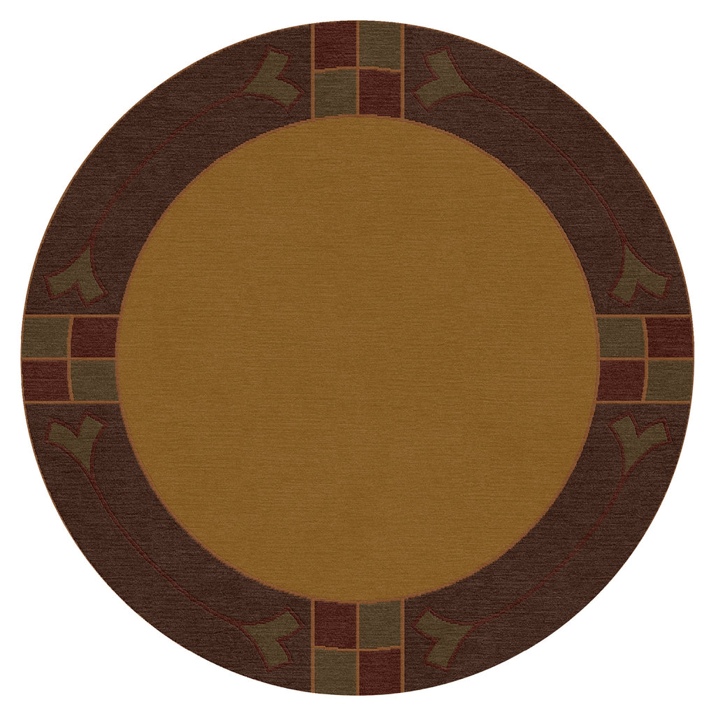 Round Paradise Valley Stickley wool rug in gold and brown with geometric border.