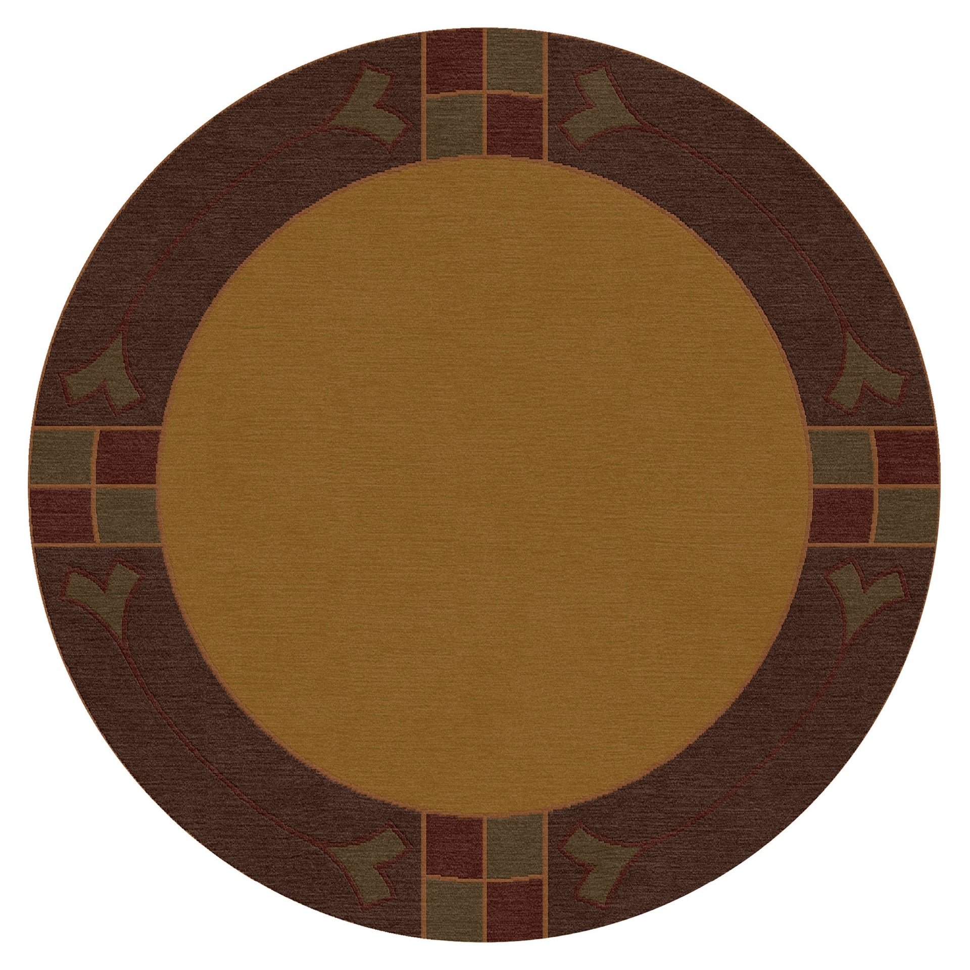 Round Paradise Valley Stickley wool rug in gold and brown with geometric border.