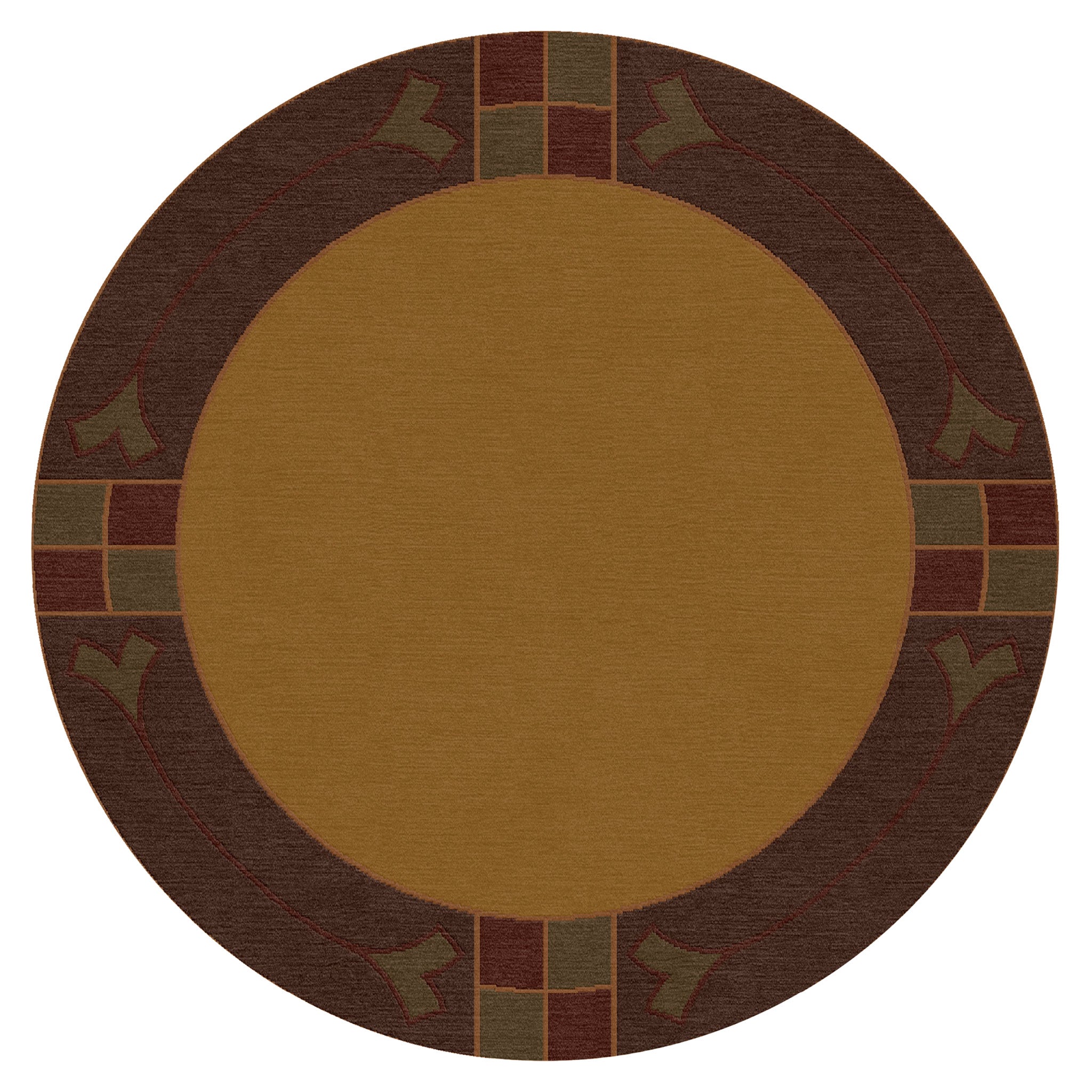 Round Paradise Valley Stickley wool rug in gold and brown with geometric border.