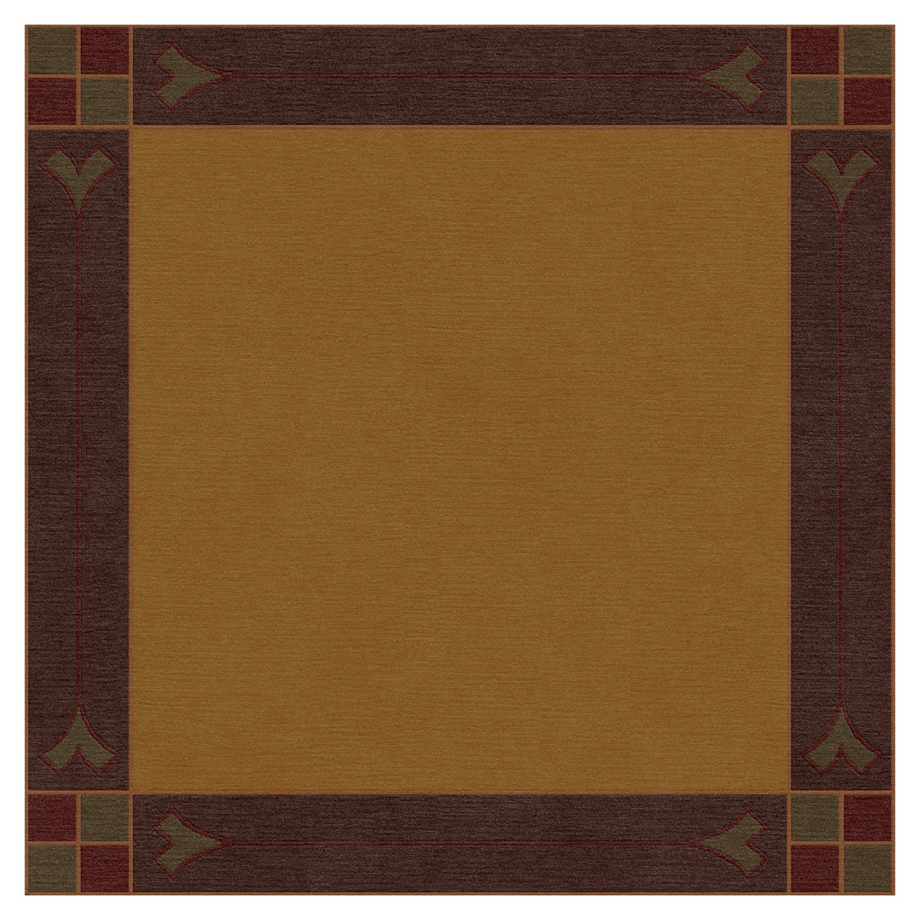 Paradise Valley Stickley wool rug in gold with a dark brown and green border.