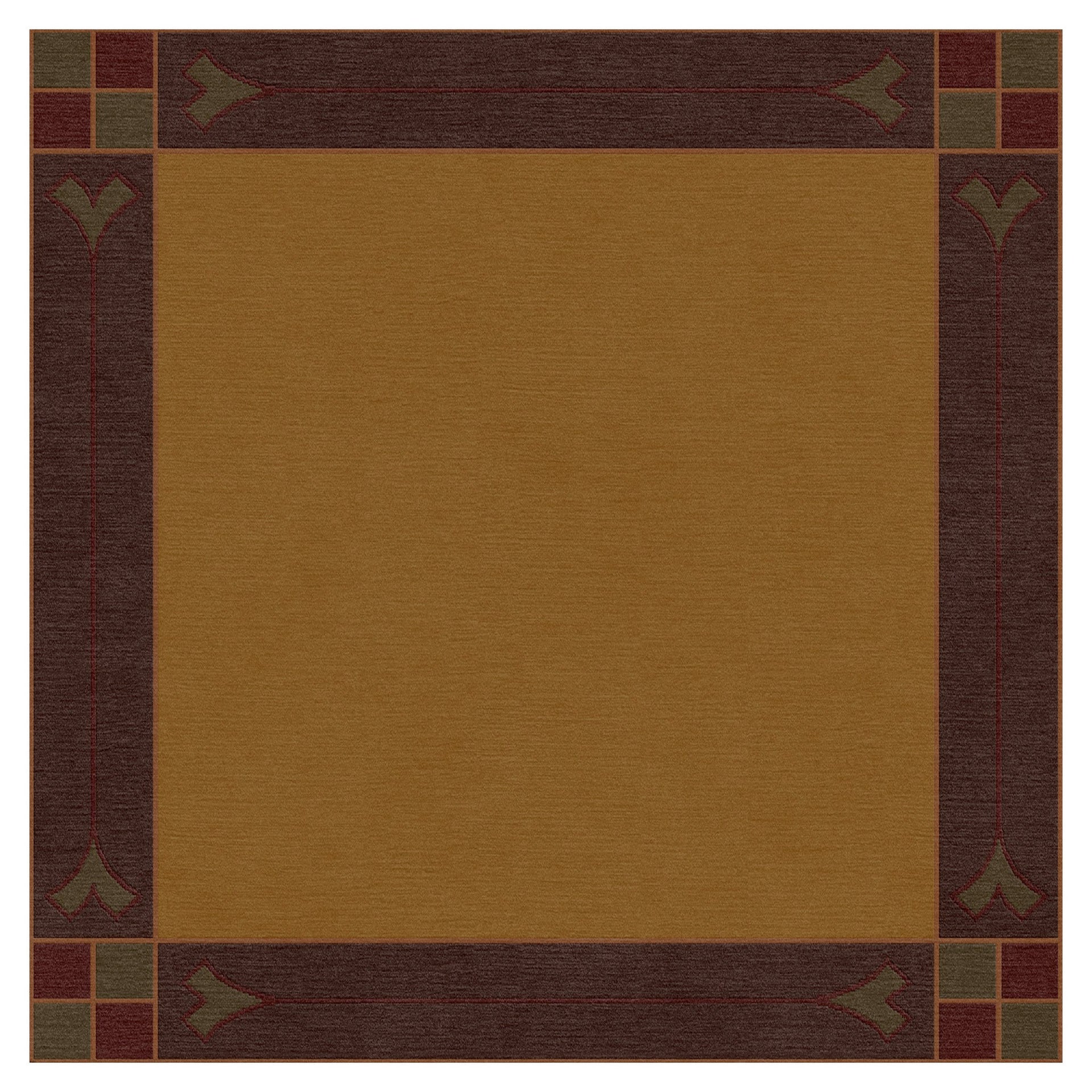 Paradise Valley Stickley wool rug in gold with a dark brown and green border.