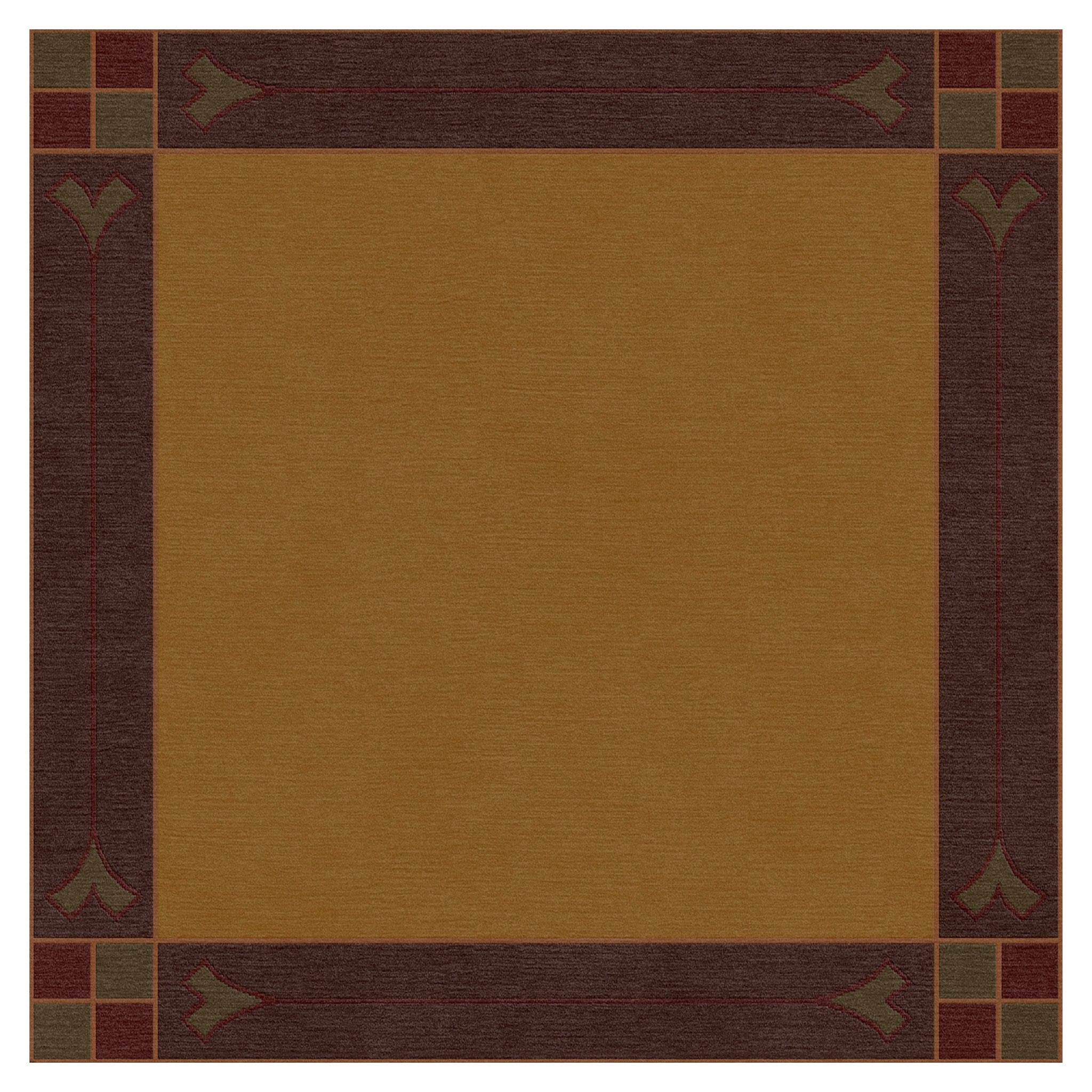 Paradise Valley Stickley wool rug in gold with a dark brown and green border.