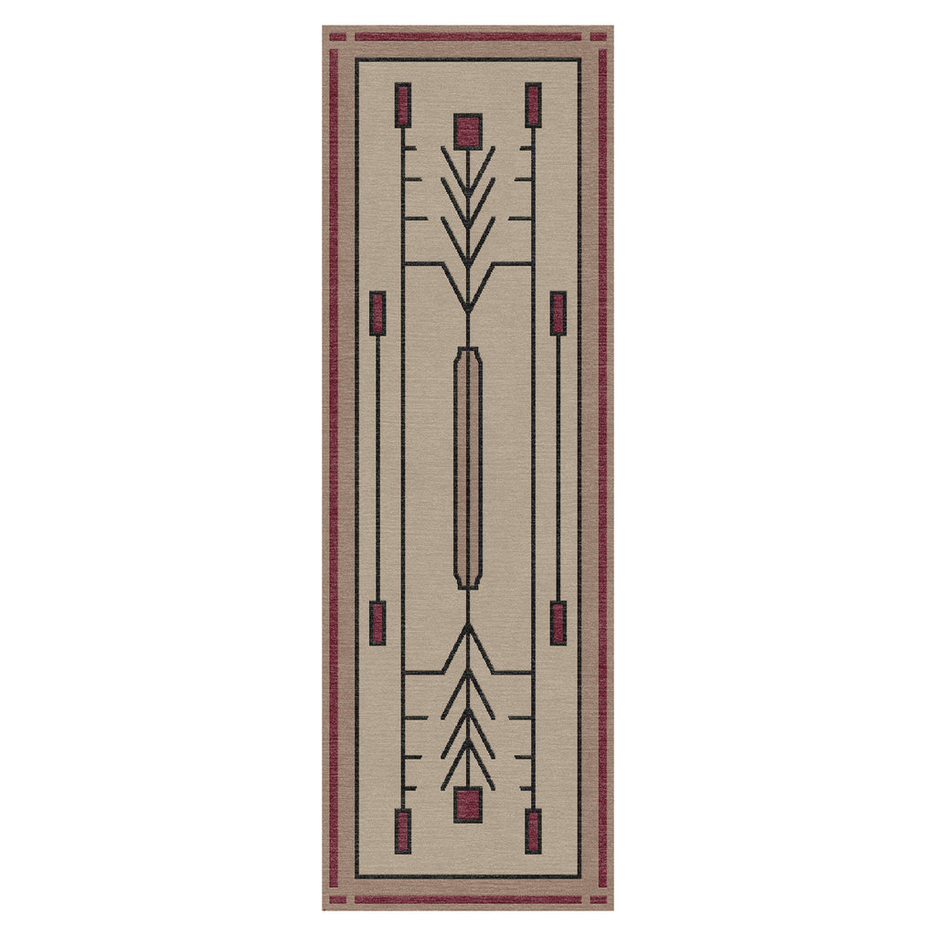 Prairie Sand Stickley runner wool rug with a beige, red, and black geometric Prairie school design.