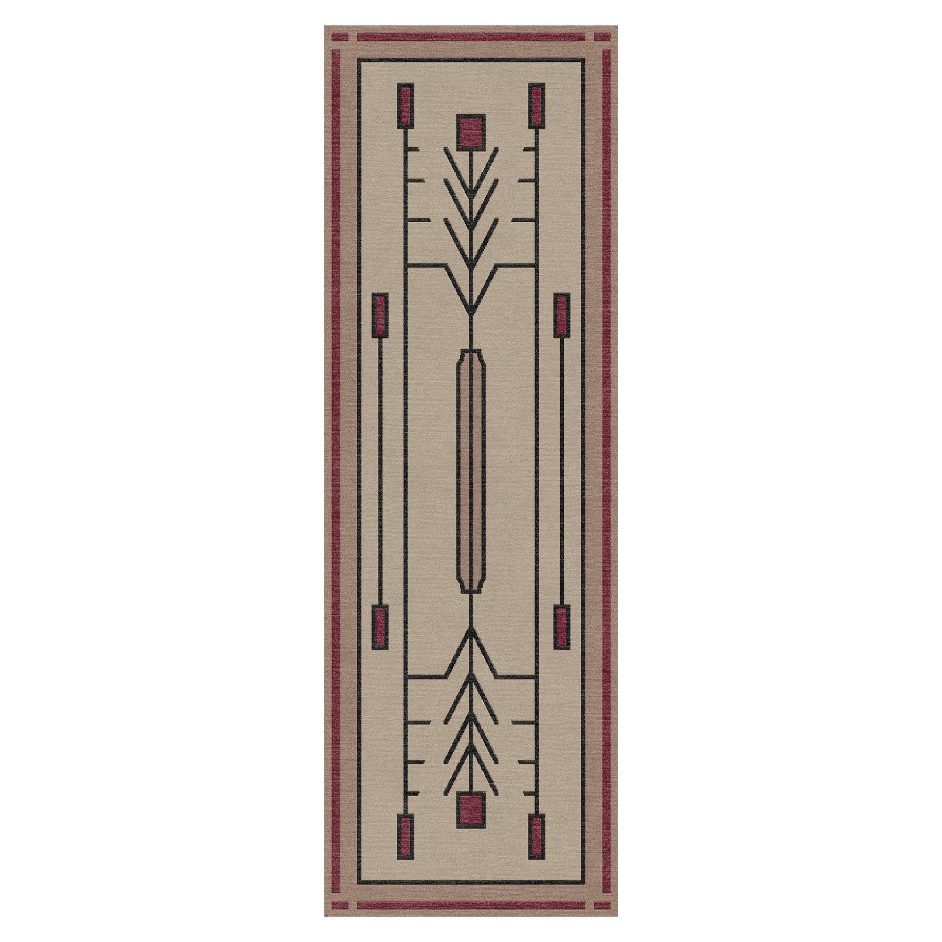 Prairie Sand Stickley runner wool rug with a beige, red, and black geometric Prairie school design.