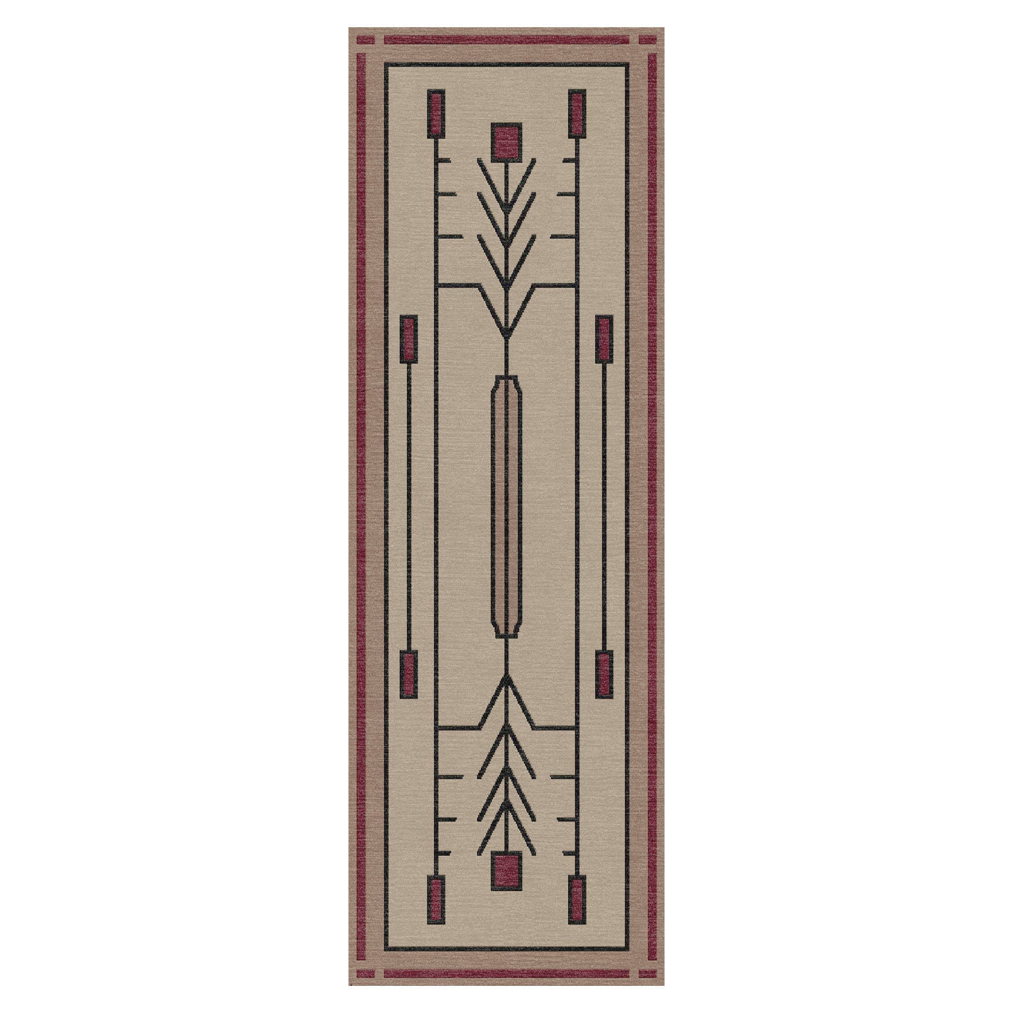 Prairie Sand Stickley runner wool rug with a beige, red, and black geometric Prairie school design.