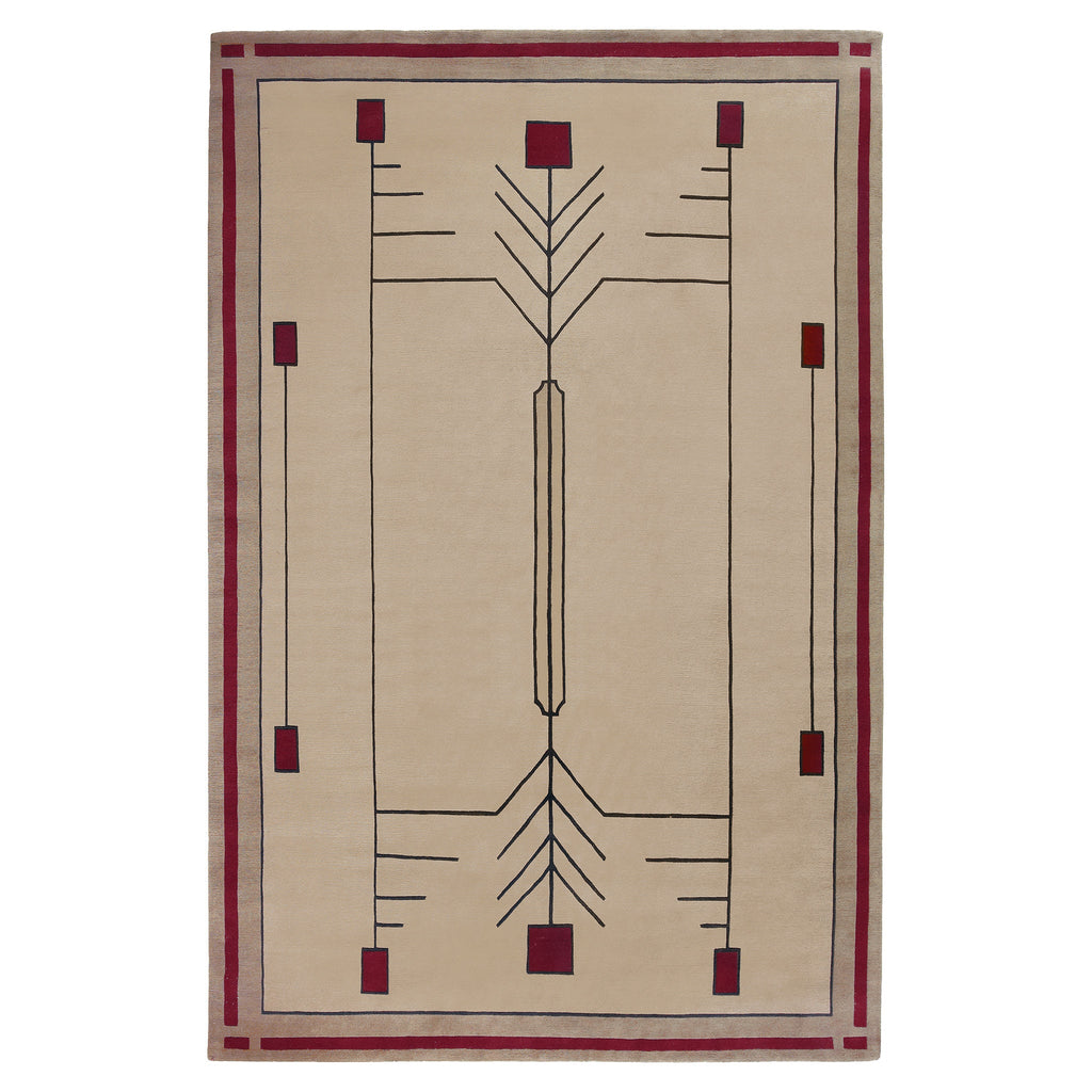 Prairie Sand Stickley wool rug with beige background and red geometric Prairie school design.