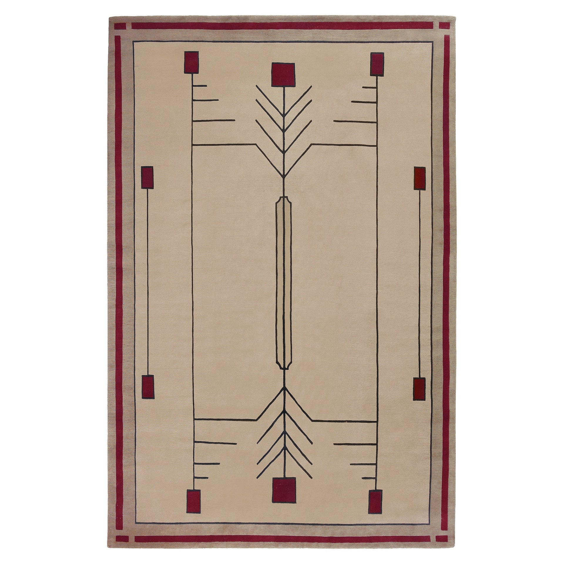 Prairie Sand Stickley wool rug with beige background and red geometric Prairie school design.