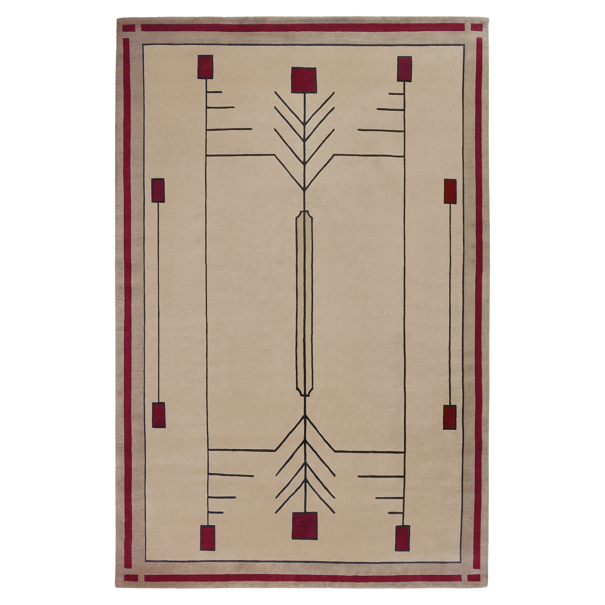 Prairie Sand Stickley wool rug with beige background and red geometric Prairie school design.