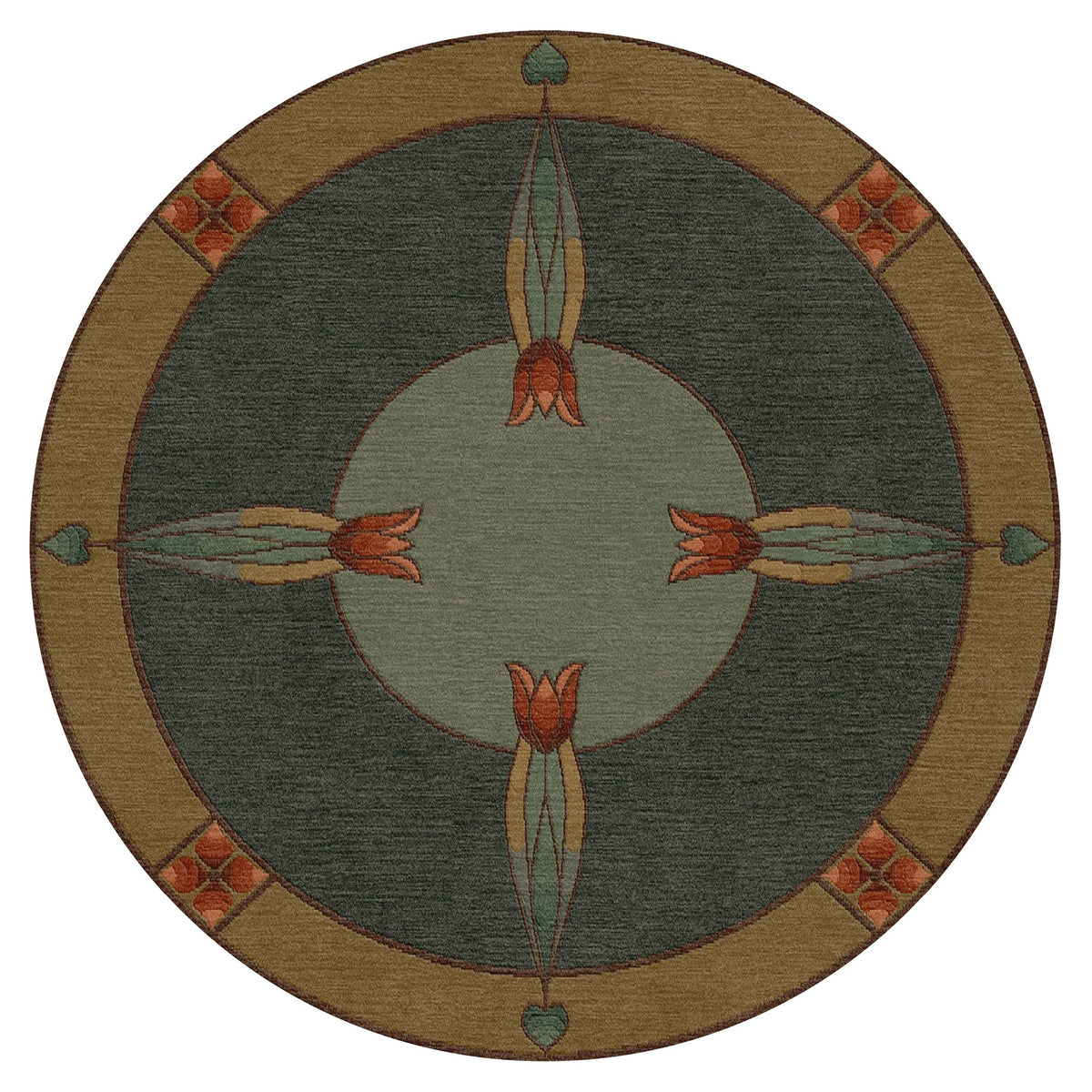 Round Monterey Mist wool rug with Arts and Crafts tulip motif in green, brown, and orange.