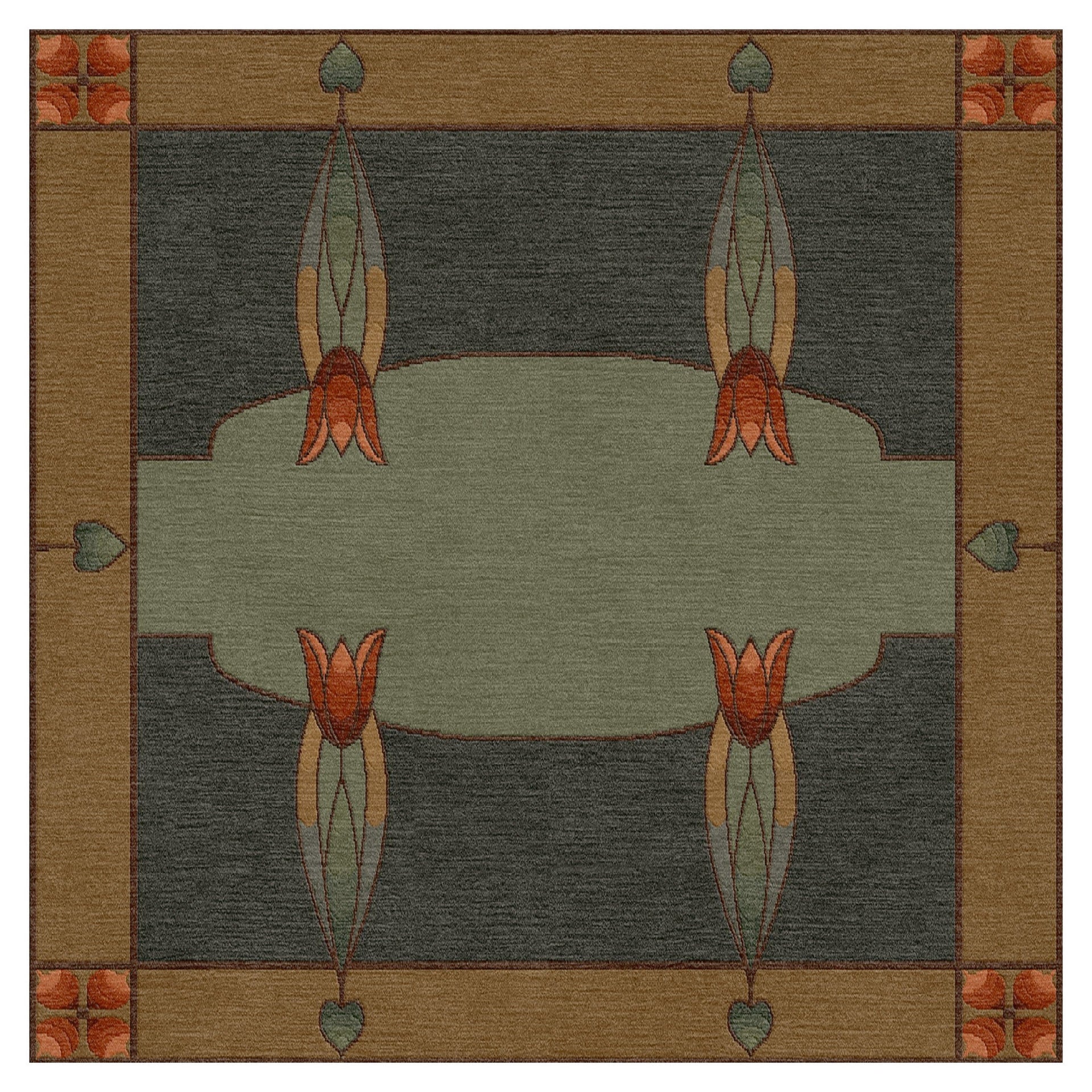 Monterey Mist Stickley wool rug with Arts and Crafts tulip motif in green, brown, and orange.
