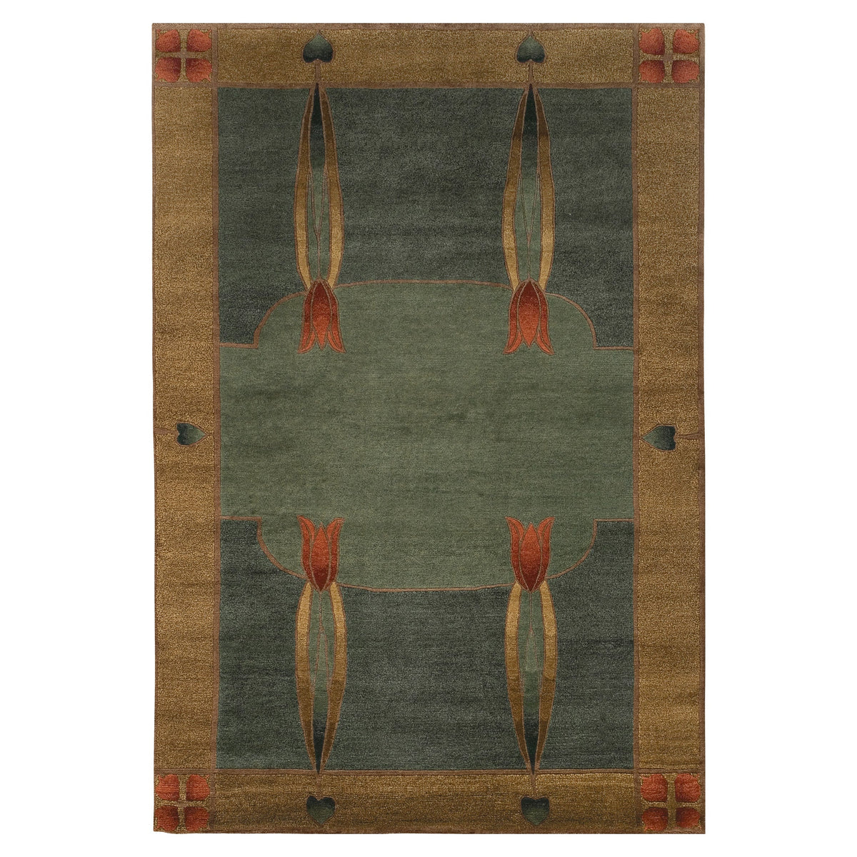 Monterey Mist Stickley wool rug with green and gold Arts and Crafts tulip design