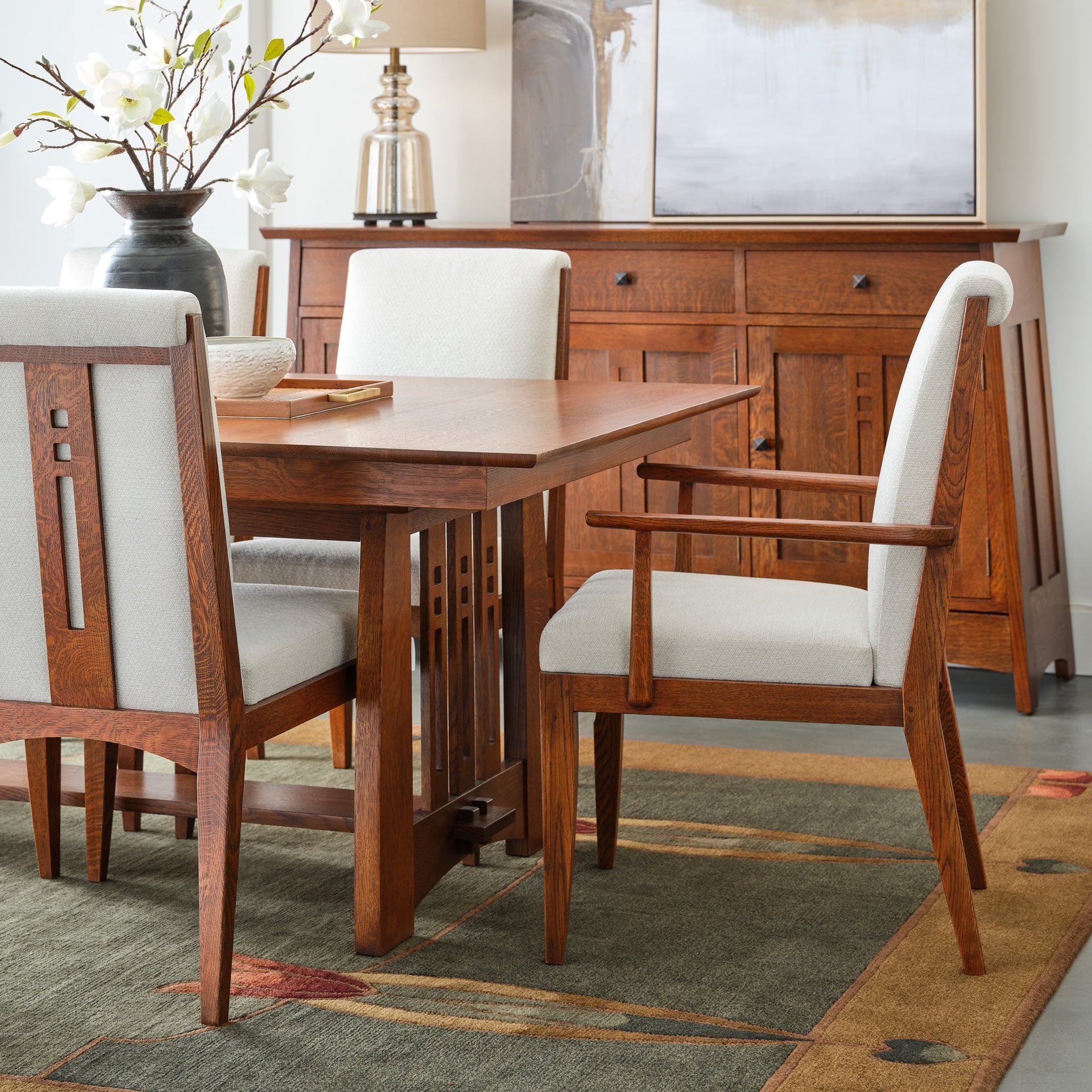 Monterey Mist Stickley wool rug under an Arts and Crafts dining set.