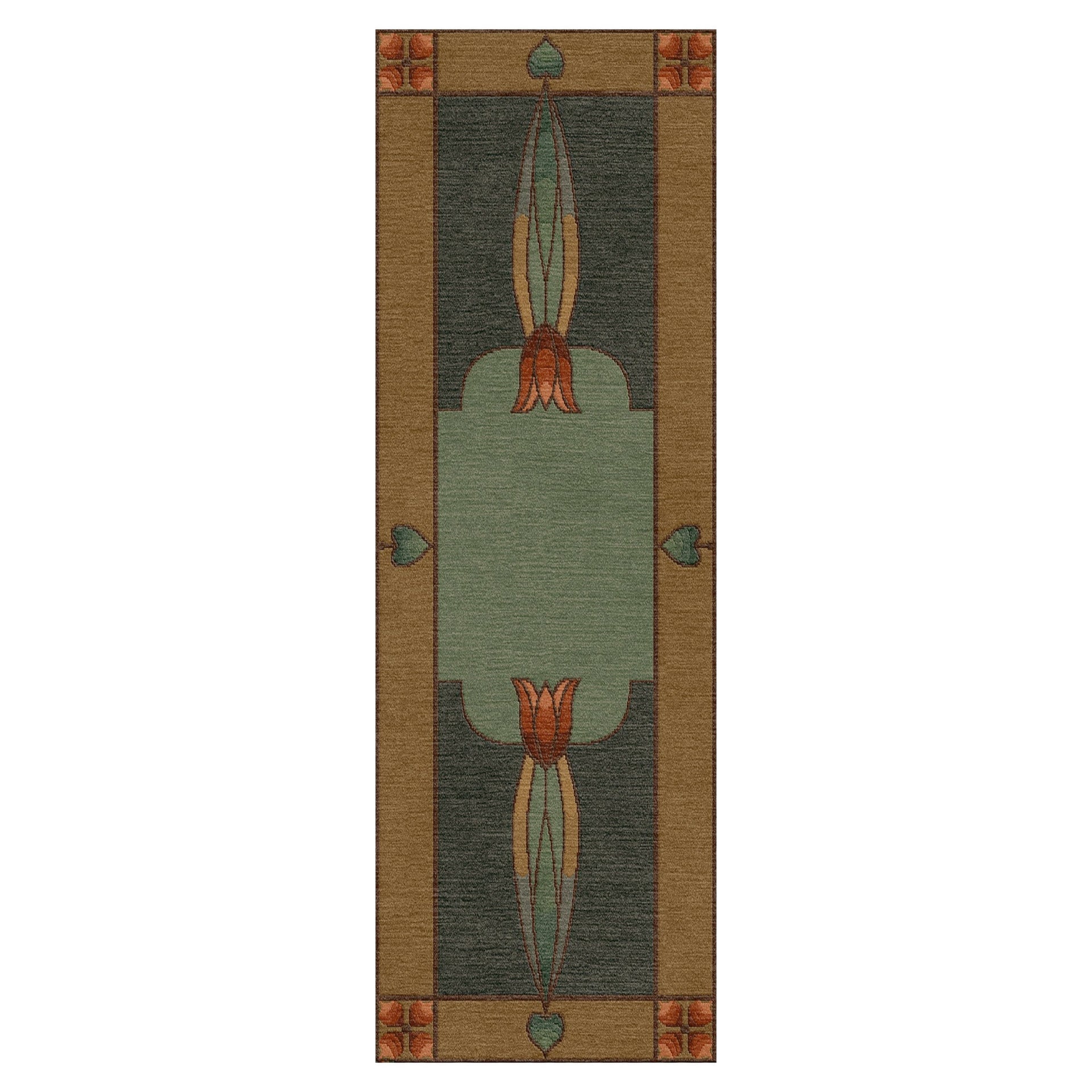 Monterey Mist Stickley wool runner rug with Arts and Crafts tulip motif in green and brown.