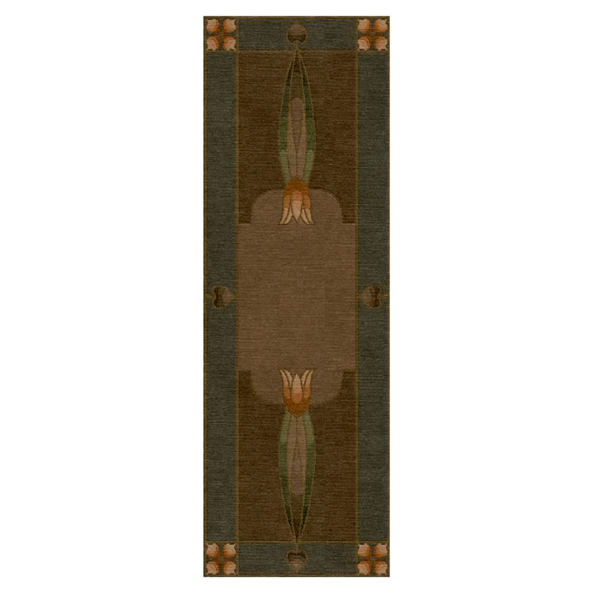 Monterey Grove Stickley wool runner rug with Arts and Crafts tulip motif in earth tones