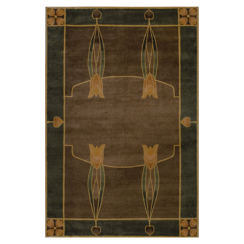 Monterey Grove Stickley wool rug in brown and green with Arts and Crafts tulip motifs.