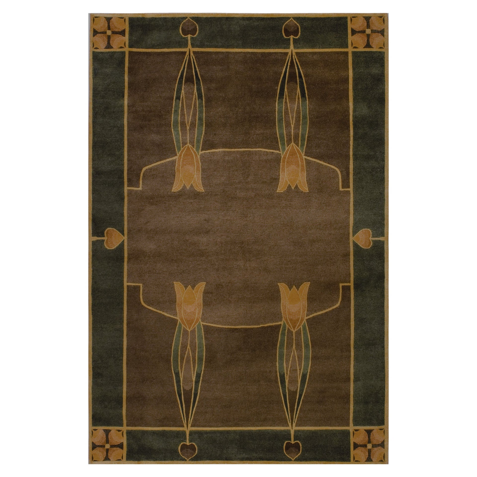 Monterey Grove Stickley wool rug in brown and green with Arts and Crafts tulip motifs.