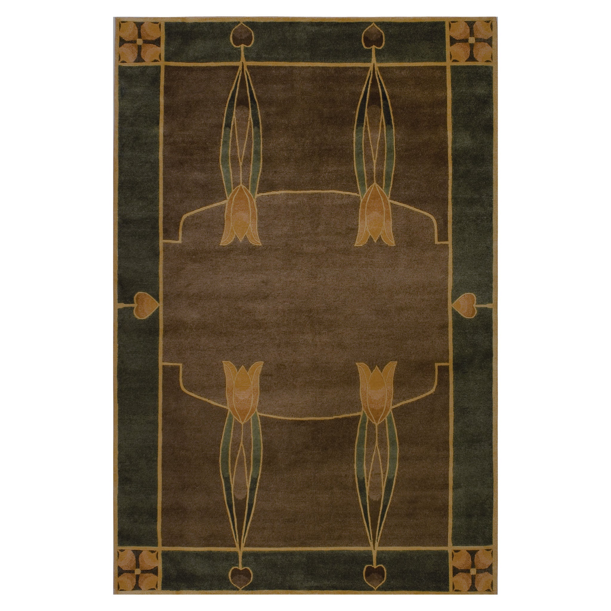 Monterey Grove Stickley wool rug in brown and green with Arts and Crafts tulip motifs.