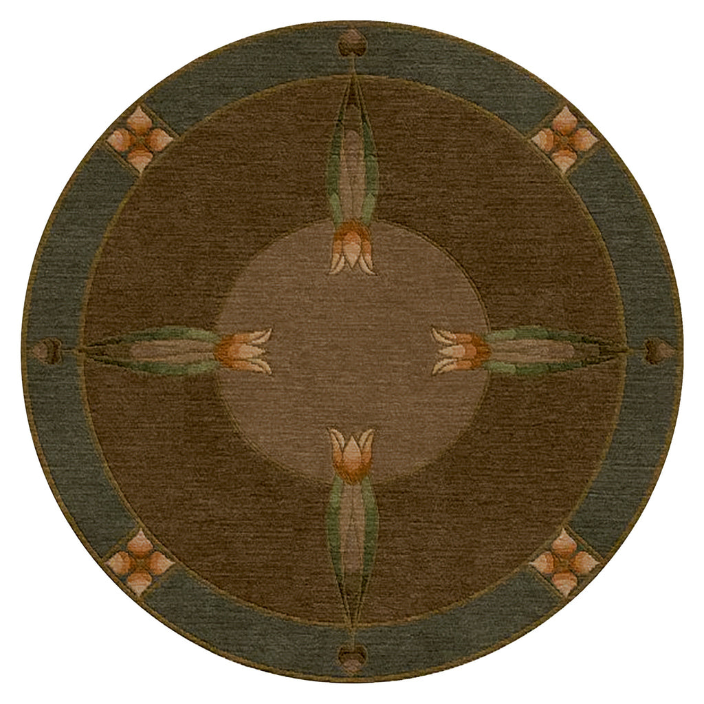 Round Monterey Grove wool rug with Arts and Crafts tulip motif in brown and green.