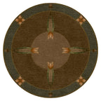 Round Monterey Grove wool rug with Arts and Crafts tulip motif in brown and green.