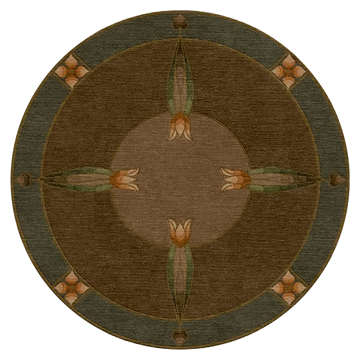 Round Monterey Grove wool rug with Arts and Crafts tulip motif in brown and green.