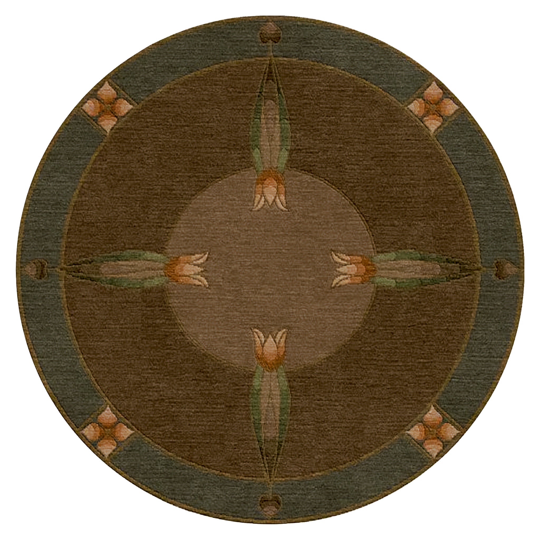 Round Monterey Grove wool rug with Arts and Crafts tulip motif in brown and green.