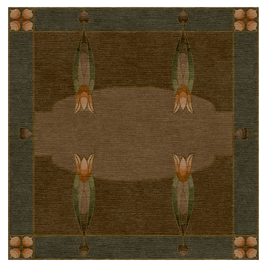 Monterey Grove Stickley wool rug in brown and green with Arts and Crafts tulip motifs.