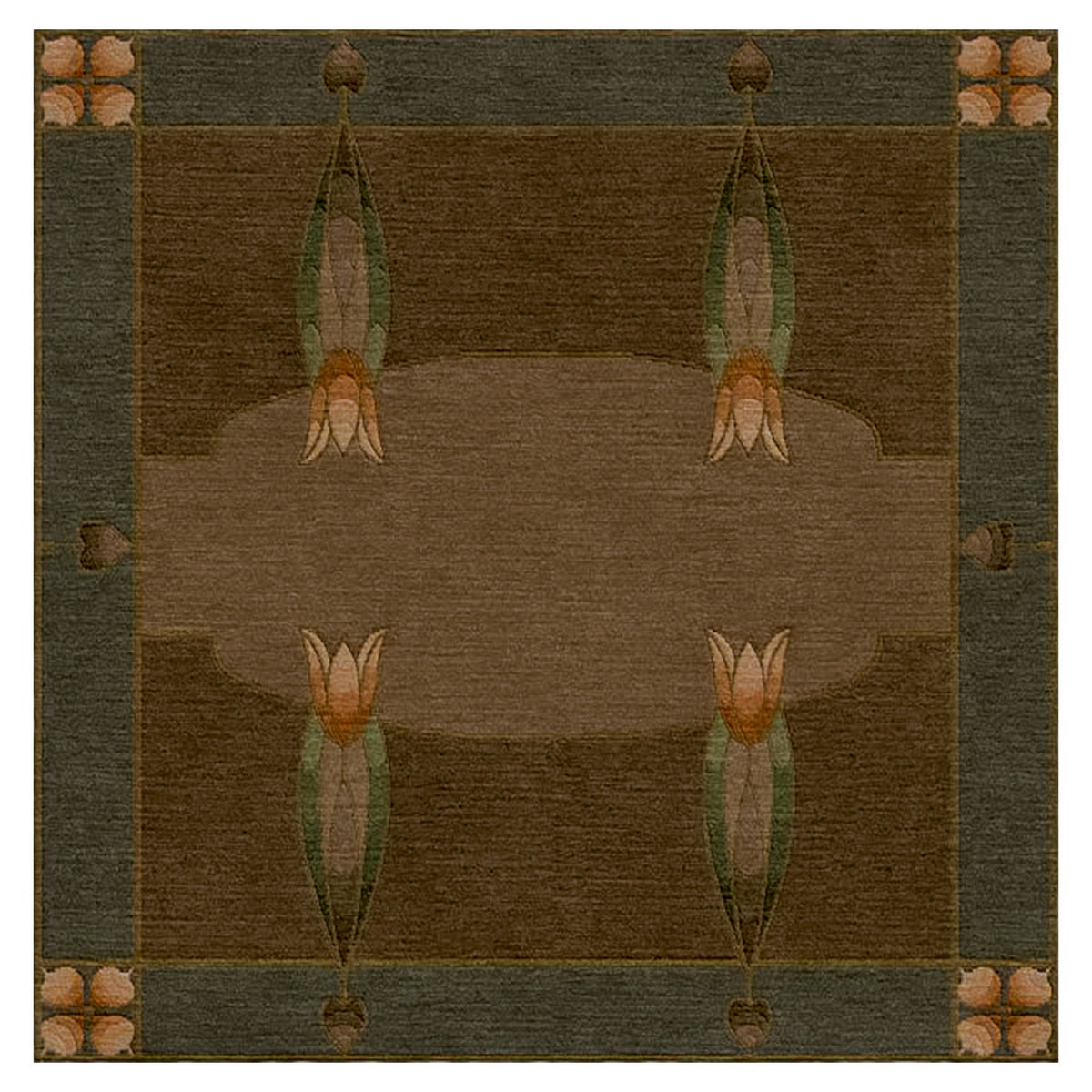 Monterey Grove Stickley wool rug in brown and green with Arts and Crafts tulip motifs.