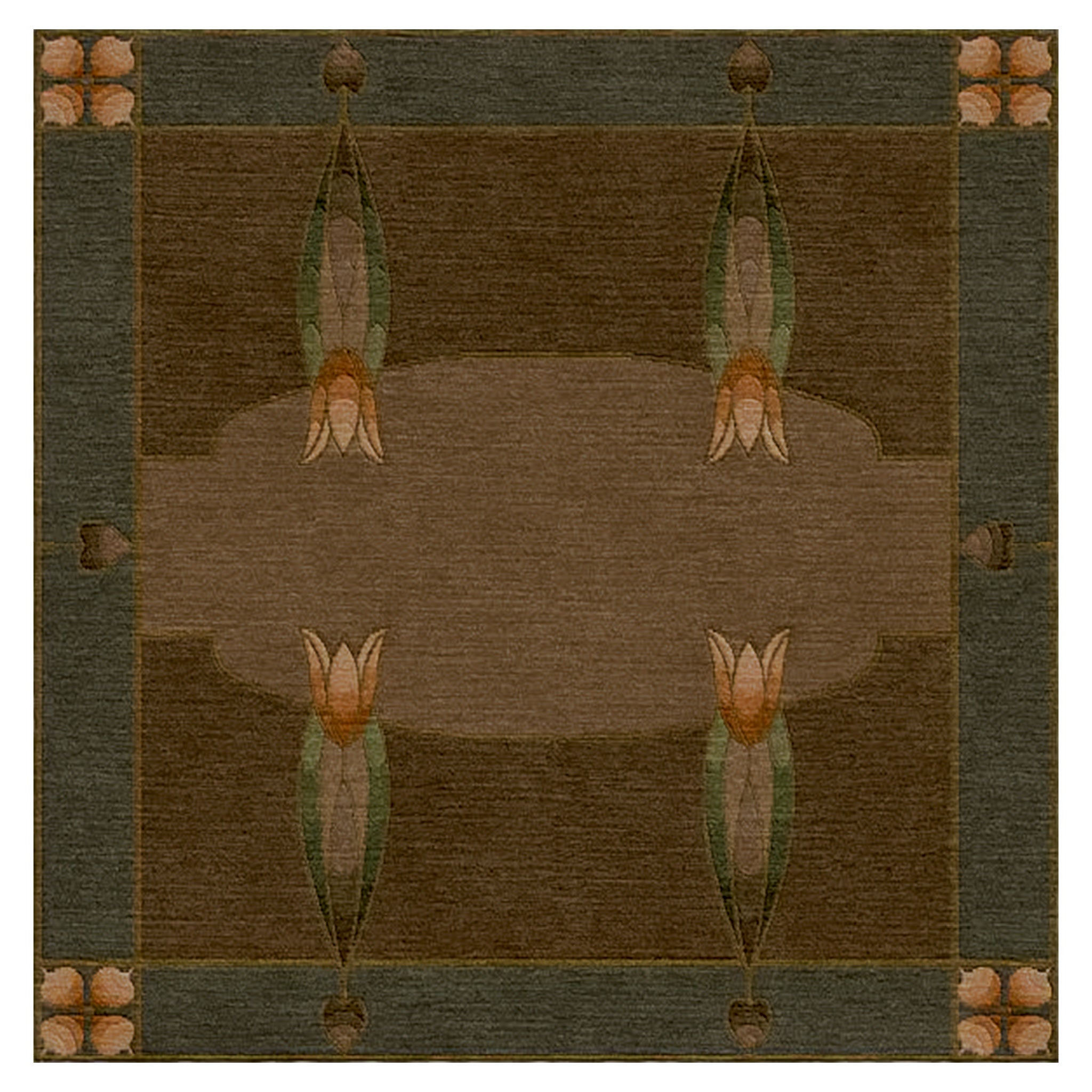 Monterey Grove Stickley wool rug in brown and green with Arts and Crafts tulip motifs.