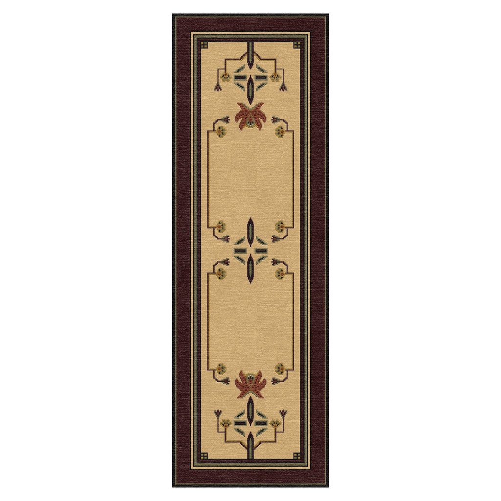 Dahlia Stickley wool runner rug with Arts and Crafts botanical motifs in gold, rust, and sage.
