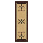 Dahlia Stickley wool runner rug with Arts and Crafts botanical motifs in gold, rust, and sage.