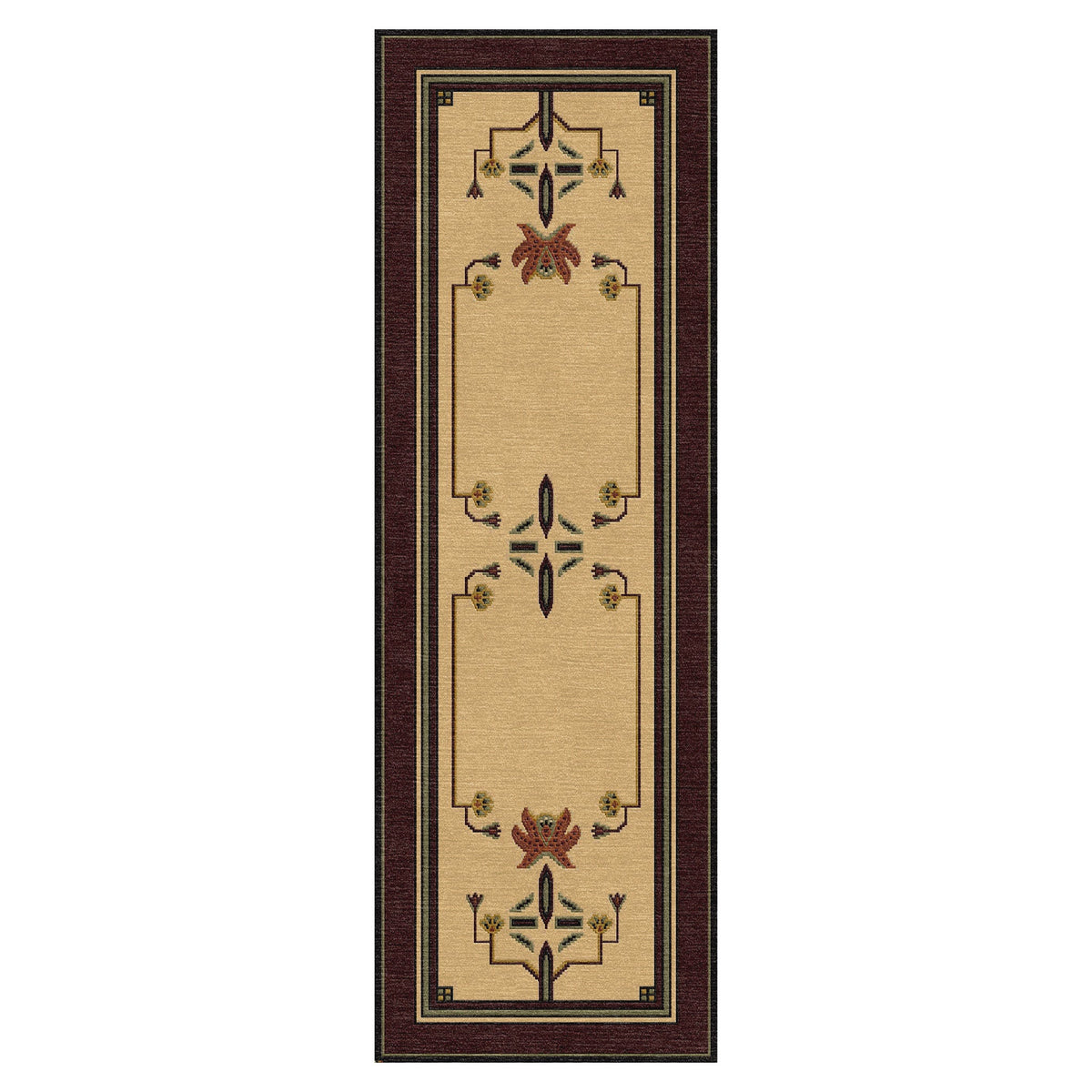 Dahlia Stickley wool runner rug with Arts and Crafts botanical motifs in gold, rust, and sage.