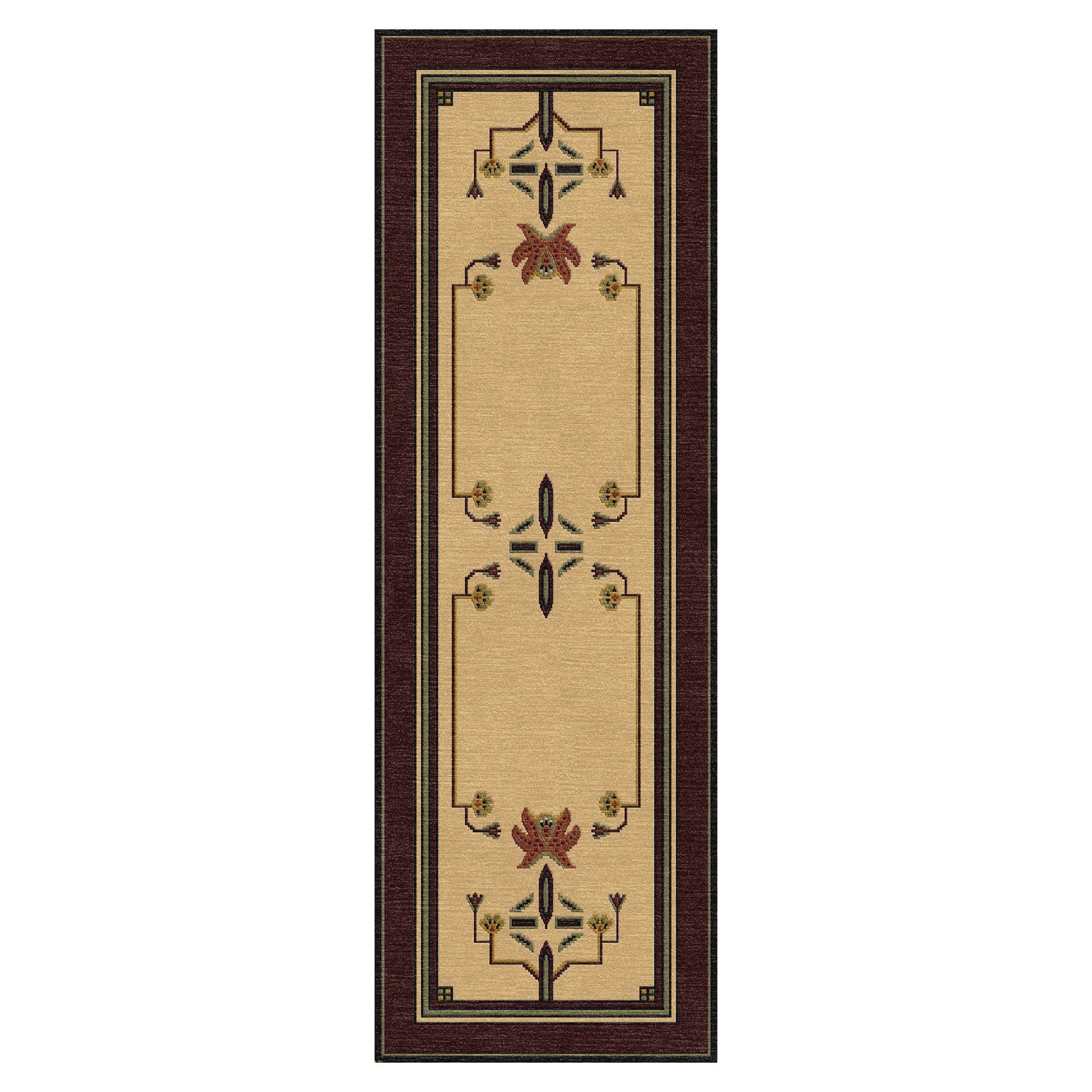 Dahlia Stickley wool runner rug with Arts and Crafts botanical motifs in gold, rust, and sage.