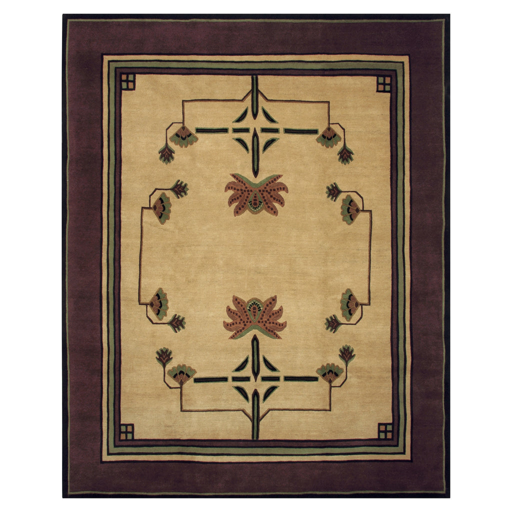 Dahlia Stickley wool rug featuring Arts and Crafts botanical motifs in gold, rust, and sage with a dark border.