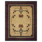 Dahlia Stickley wool rug featuring Arts and Crafts botanical motifs in gold, rust, and sage with a dark border.
