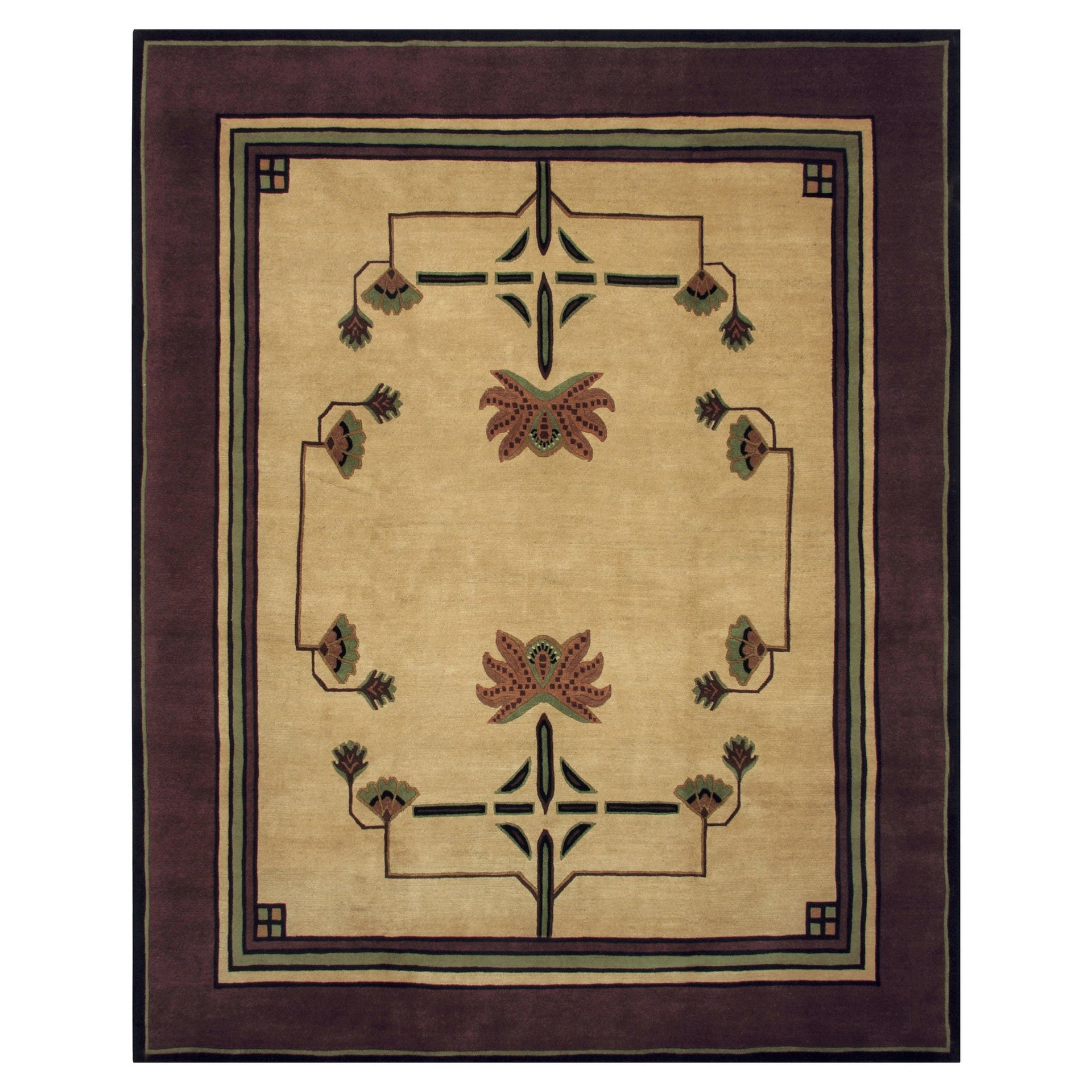 Dahlia Stickley wool rug featuring Arts and Crafts botanical motifs in gold, rust, and sage with a dark border.