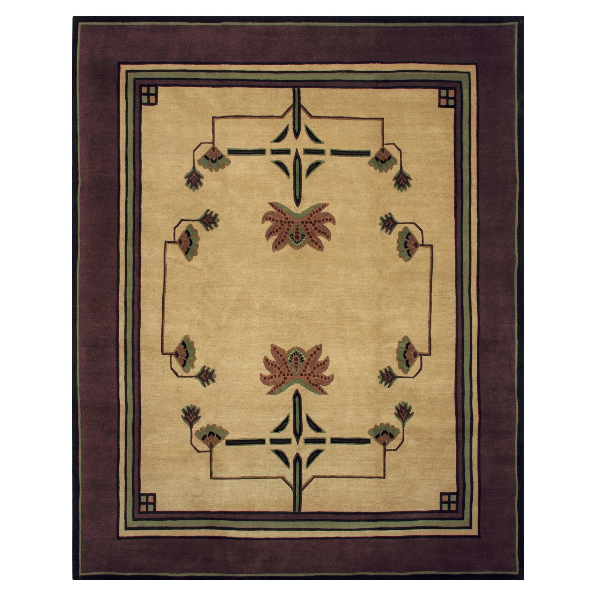 Dahlia Stickley wool rug featuring Arts and Crafts botanical motifs in gold, rust, and sage with a dark border.