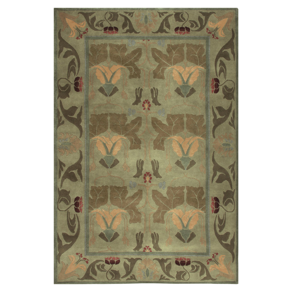 Morris Lily wool rug featuring Arts and Crafts botanical motifs in sage green, brown, and gold.