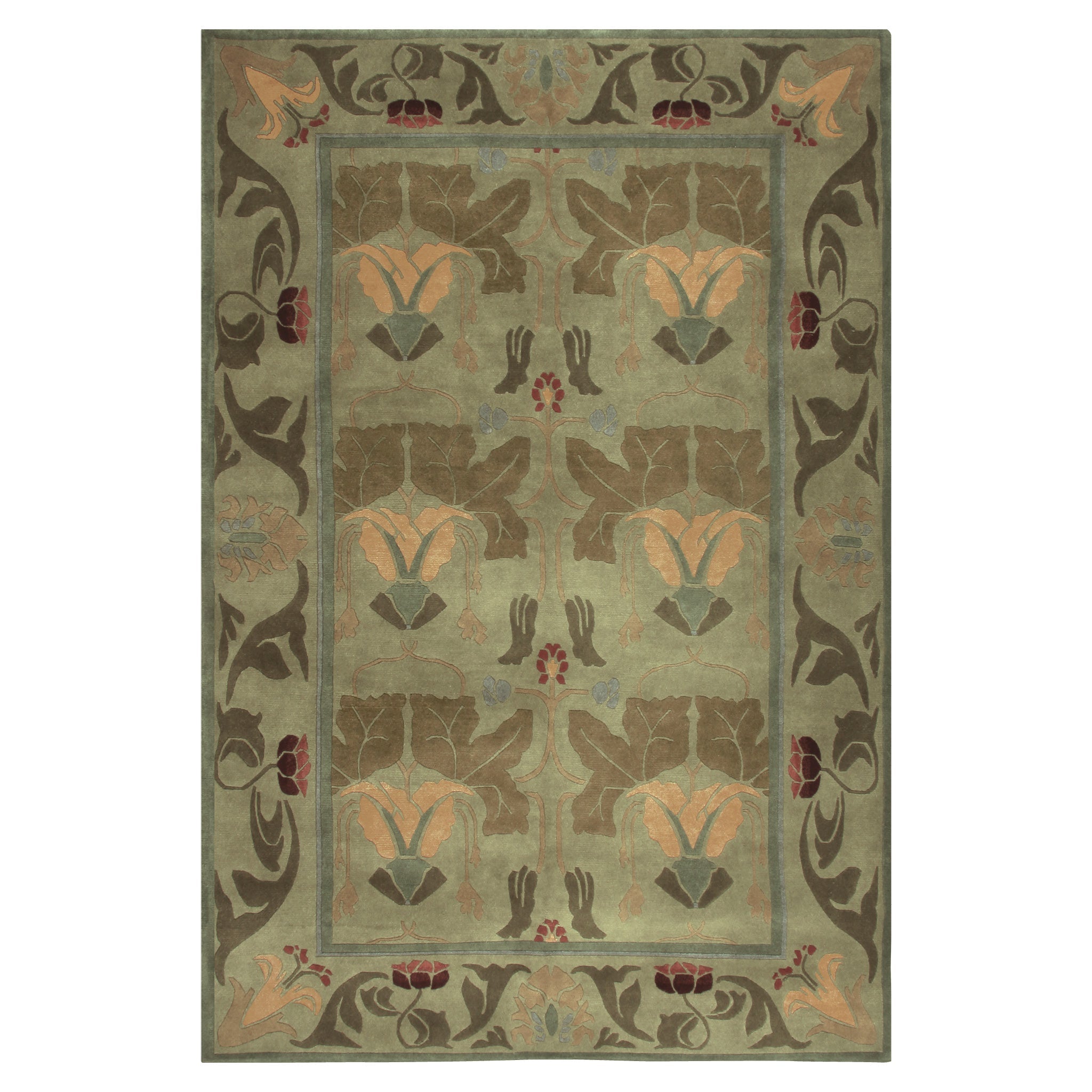 Morris Lily wool rug featuring Arts and Crafts botanical motifs in sage green, brown, and gold.
