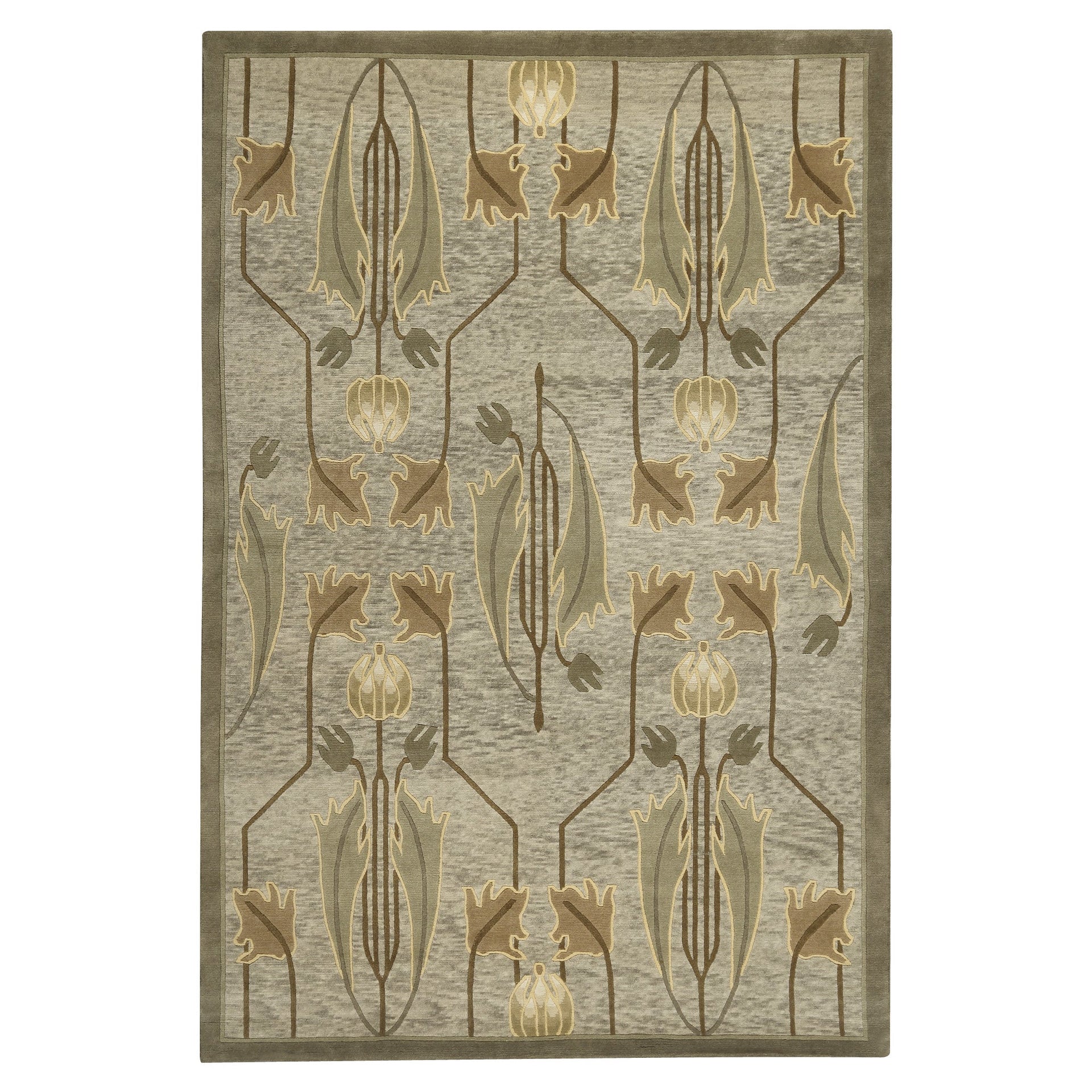 Sage green wool rug featuring a symmetrical Glasgow school tulip motif in earth tones.
