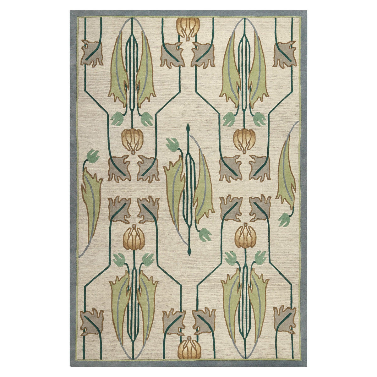 Ivory wool rug with green and gold Mackintosh tulip motifs and a grey border.